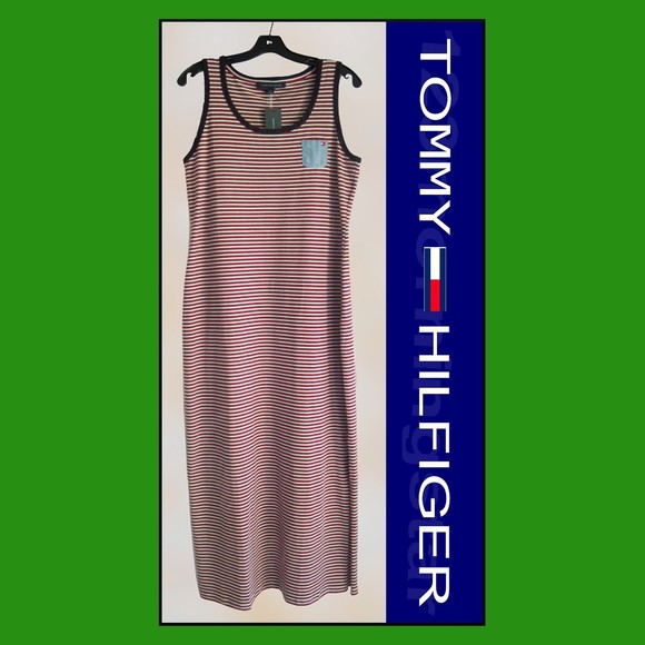 TOMMY HILFIGER NEW Striped Chest Pocket Slit Hem Sleeveless Maxi Dress M - Picture 1 of 11